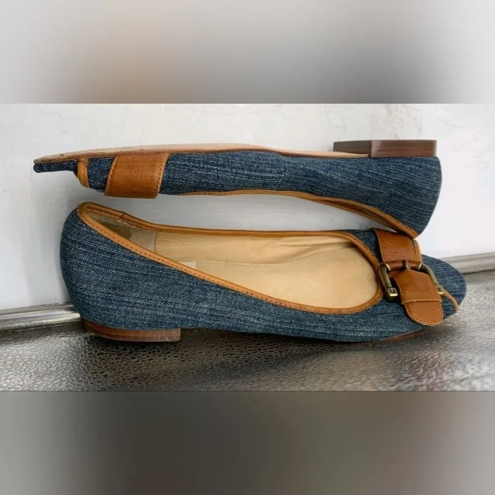 Michael Kors MK Vintage Denim Jean Blue Tan Open Peep Toe Women Flats 9